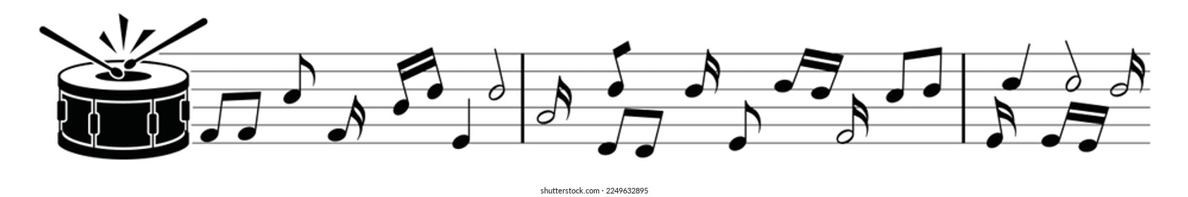 Musical note wave with drum. Drum music notes melody on white background. Sheet drum music notes of tune bass.