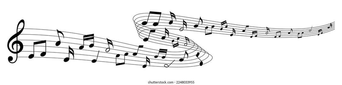 Musical note wave. Music notes melody on white background. Sheet music notes of tune bass and treble.