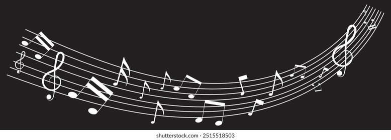 Musikalische Notenwelle. Notenmelodie einzeln auf schwarzem Hintergrund. Noten von Stimmbass und Höhen. Musical Schlüssel trendy Stil Symbol Design Element Logo. Vektorgrafik. EPS 10