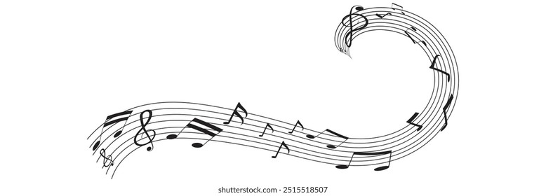 Onda de notas musicales. Notas de música melodía aislada sobre fondo blanco. Partituras de notas de bajo y agudos. Logotipo de elemento de diseño de símbolo de estilo de moda clave musical. Ilustración vectorial. EPS 10