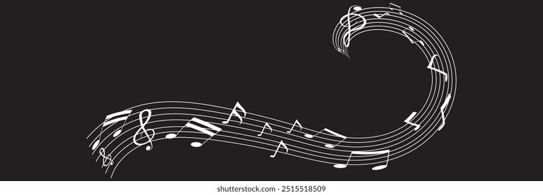 Musical note wave. Music notes melody isolated on black background. Sheet music notes of tune bass and treble. Musical key trendy style symbol design element logo. Vector illustration. EPS 10