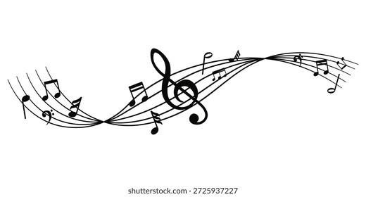 Musikalische Notenwelle. Notenmelodie auf weißem Hintergrund. Tonart, Melodie, Klassik, Harmonie, Klugheit, Ton, Melodie, Liedkonzept. Schwarze Silhouette, Glyphensymbol. Vektor.