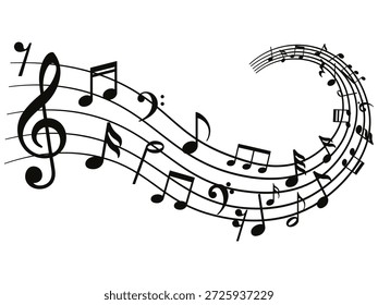 Onda de notas musicais. Música nota melodia em fundo branco. Música chave, melodia, clássica, harmonia, clave, tom, melodia, conceito de música. Silhueta preta, símbolo de glifo. Vetor.