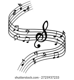 Musikalische Notenwelle. Notenmelodie auf weißem Hintergrund. Tonart, Melodie, Klassik, Harmonie, Klugheit, Ton, Melodie, Liedkonzept. Schwarze Silhouette, Glyphensymbol. Vektor.