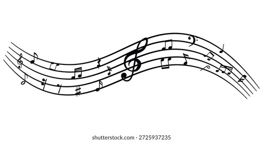 Musikalische Notenwelle. Notenmelodie auf weißem Hintergrund. Tonart, Melodie, Klassik, Harmonie, Klugheit, Ton, Melodie, Liedkonzept. Schwarze Silhouette, Glyphensymbol. Vektor.