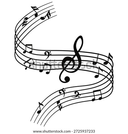 Musical note wave. Music notes melody on white background. Music key, melody, classical, harmony, clef, tone, tune, song concept. Black silhouette, glyph symbol. Vector.