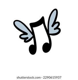 Una nota musical con alas se alza en el cielo. Ilustración vectorial de una melodía alegre y ligera.