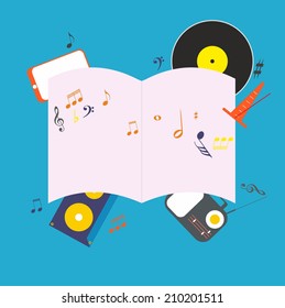 Musical notepad with various icons - vector illustration