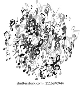 Musical Notes. Abstract Background with Notes, Bass and Treble Clefs. Vector Element for Musical Poster, Banner, Advertising, Card. Minimalistic Simple Background.