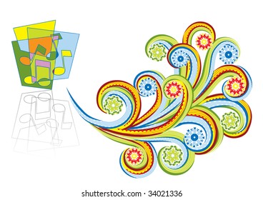 Musical notes in abstract collage. Format A4. Vector illustration. Isolated groups and layers. Global colors.