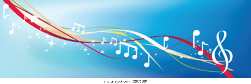 musical notes and abstract lines and swirls on blue