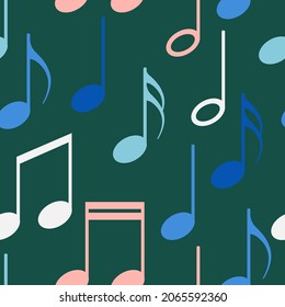 Musical notes are arranged on a green background. Seamless pattern for decorative pillows, textiles, fabrics. Vector.