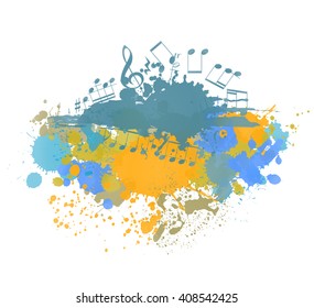 musical notes background with color ink blots. vector illustration