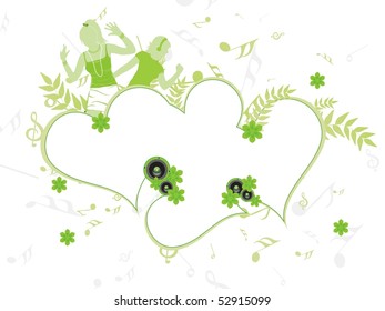 musical notes background with heart shape frame, silhouette