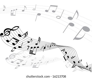 Musical notes background with lines. Vector illustration.