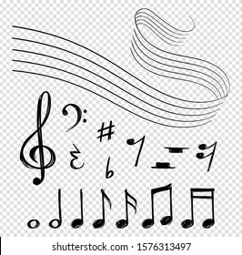 Musical notes. Black music lines, melody elements and staves. Shape artistic clef and abstract sound vector symbols isolated on transparent background