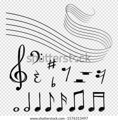 Musical notes. Black music lines, melody elements and staves. Shape artistic clef and abstract sound vector symbols isolated on transparent background