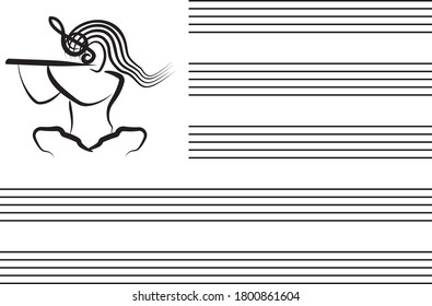 Musical notes blank sheet with abstract woman playing flute. Black lines on white background. Vector illustration.