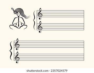 Musical notes blank sheet with abstract female outline playing flute recorder. Black lines on white background. Editable stroke vector illustration.