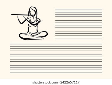 Musical notes blank sheet with abstract woman playing flute. Black lines on white background. Editable vector illustration.