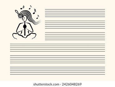 Musical notes blank sheet with abstract woman playing indian pungi flute. Black lines on white background. Editable stroke vector.