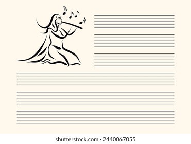 Musical notes blank sheet with abstract woman playing native flute. Black lines on white background. Editable stroke vector.