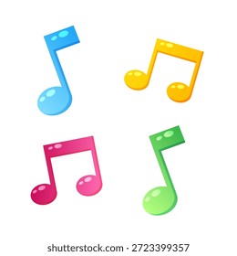 Las notas musicales en azul, amarillo, rosa y verde están dispuestas juguetonamente sobre un fondo blanco limpio, simbolizando la melodía y el sonido.