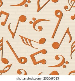 Musical notes in brown color on seamless background.