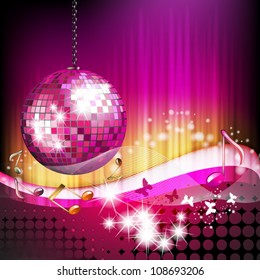 Musical notes with butterflies and disco globe