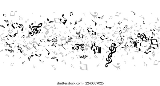 Musical notes cartoon vector backdrop. Melody recording signs swirling. Festival music wallpaper. Retro notes cartoon signs with bass clef. Album cover graphic design.