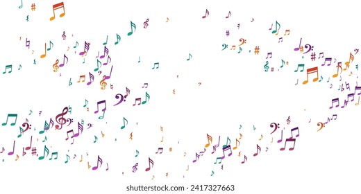 Musical notes cartoon vector background. Melody notation elements explosion. Party music concept. Isolated notes cartoon elements with treble clef. Birthday card backdrop.