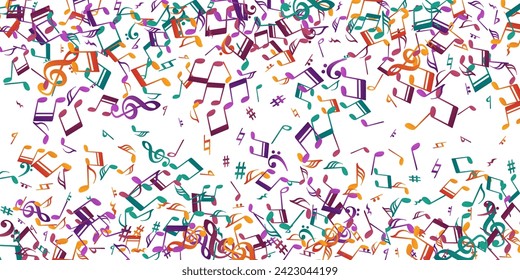 Musical notes cartoon vector background. Melody recording signs burst. Pop music concept. Abstract notes cartoon silhouettes with bass clef. Birthday card background.