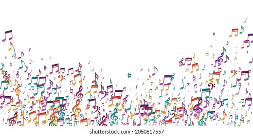 Musical notes cartoon vector design. Melody notation elements scatter. Classic music illustration. Modern notes cartoon signs with treble clef. Concert poster graphic design.