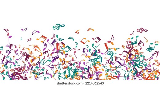 Notas musicales diseño vectorial de dibujos animados. Explosión de elementos de notación de canción. Concepto musical de fiesta. Resumen nota elementos de caricatura con pausa. Fondo del volante del partido.