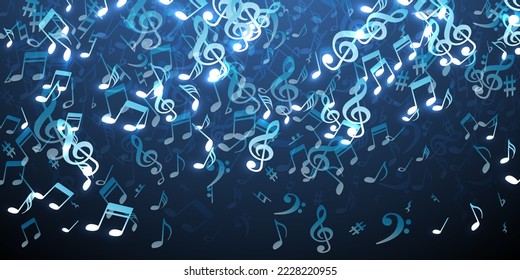 Notas musicales diseño vectorial de dibujos animados. Explosión de elementos de notación melódica. Patrón musical clásico. Doodle anota caricaturas con planos. Diseño gráfico de volante de fiesta.