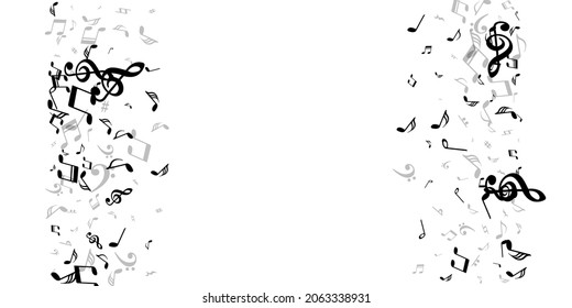 Musical notes cartoon vector wallpaper. Melody notation elements explosion. Digital music illustration. Grunge notes cartoon silhouettes with treble clef. Banner background.