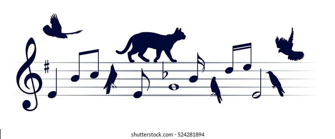 Musical notes with cats and birds.