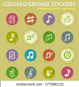 notas musicales iconos grunge de color con pegamento de sudores para aplicaciones web de diseño y móviles