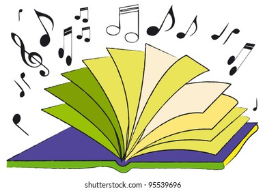 musical notes come out from the pages of a book