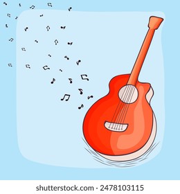 Musical notes coming from guitar on blue background.