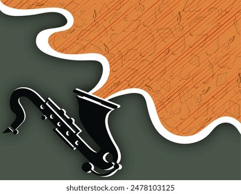 Musical notes coming from saxophone on orange and olive green background.