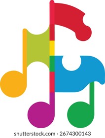 As notas musicais são criativamente construídas a partir de peças de quebra-cabeça entrelaçadas em várias cores brilhantes. Esta imagem simboliza os blocos de construção de música, colaboração e resolução de problemas em um harmônico