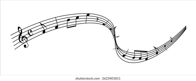 Musical notes in decorative wavy pattern isolated on white background