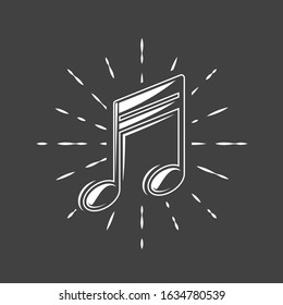 Musical notes is depicted on a background of firework isolated on a black background. Design element for music logos, labels, emblems. Vector illustration