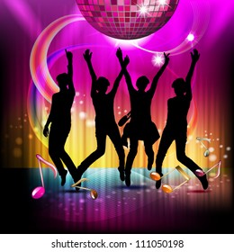 Musical notes with disco globe and silhouettes