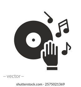 musical notes with dj hand, dj disc icon, flat vector illustration