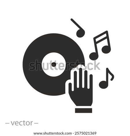 musical notes with dj hand, dj disc icon, flat vector illustration