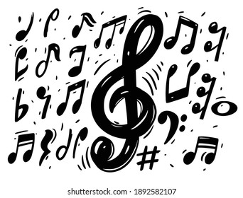 Musical notes doodle collection set. Hand draw black color vector illustration. Isolated on white background.