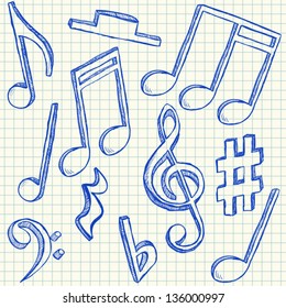 Musical notes doodles on school squared paper
