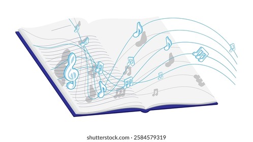 Musical notes floating along musical chord lines flies out of composer open notebook. Advertising vector banner for presentation of concert or children classical music evening isolated on white back